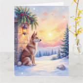 Canaan Dog Desert Stone Winter Christmas Art カード (黄色い花)