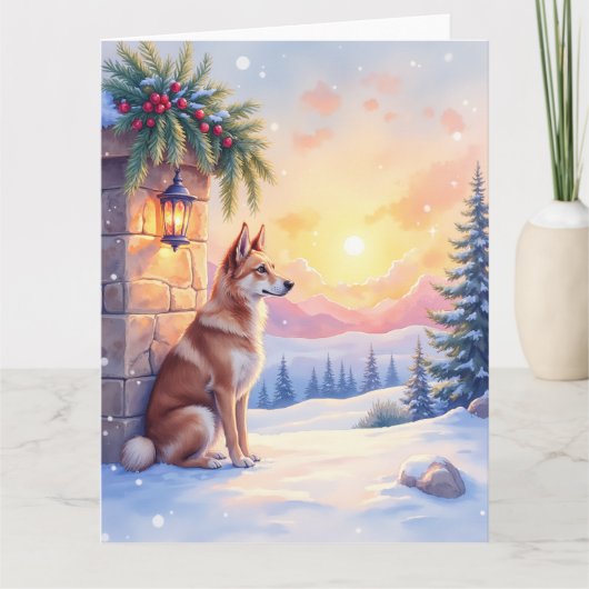 Canaan Dog Desert Stone Winter Christmas Art カード (正面)