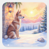 Canaan Dog Desert Stone Winter Christmas Art スクエアシール (正面)