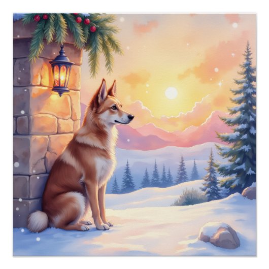 Canaan Dog Desert Stone Winter Christmas Art ポスター (正面)