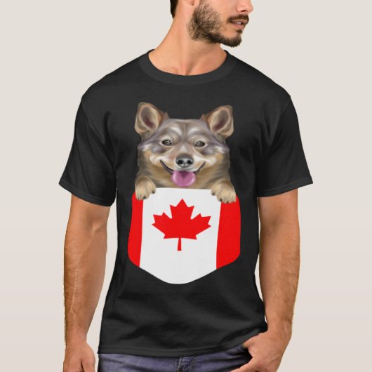 Canada Flag Swedish Vallhund Dog In Pocket Tシャツ (正面)