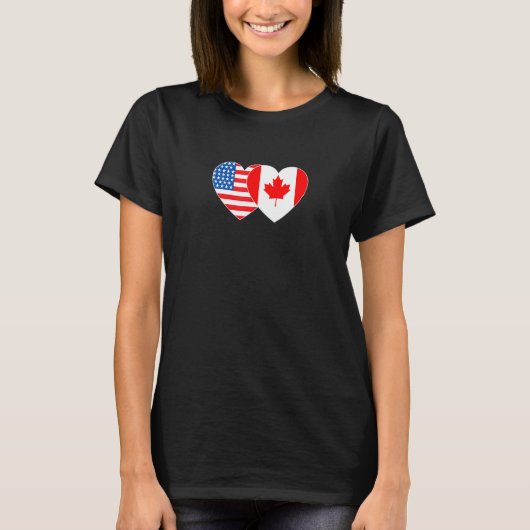 Canada & USA Flag Twin Heart for Canadian American Tシャツ (正面)
