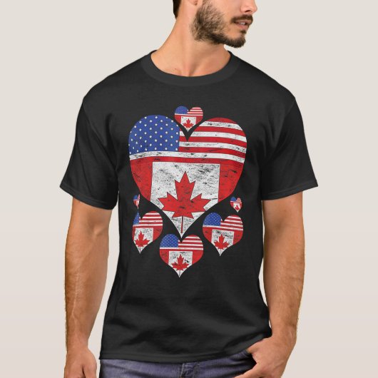 Canadian American Us Flag Maple Leaf Hearts Love C Tシャツ (正面)
