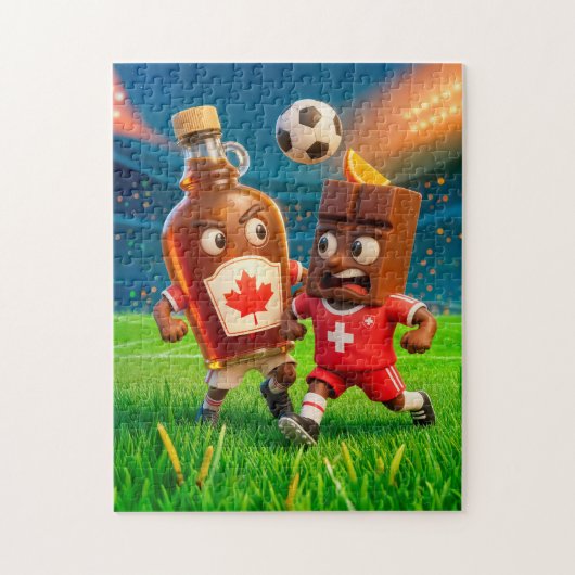 Canadian maple syrup versus Swiss chocolate soccer ジグソーパズル (縦)