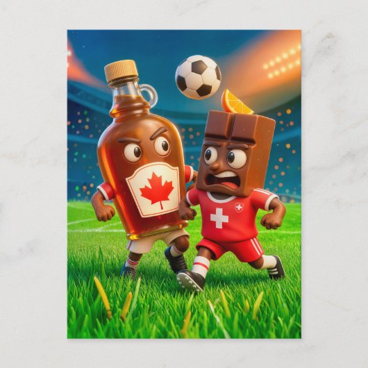 Canadian maple syrup versus Swiss chocolate soccer ポストカード (正面)