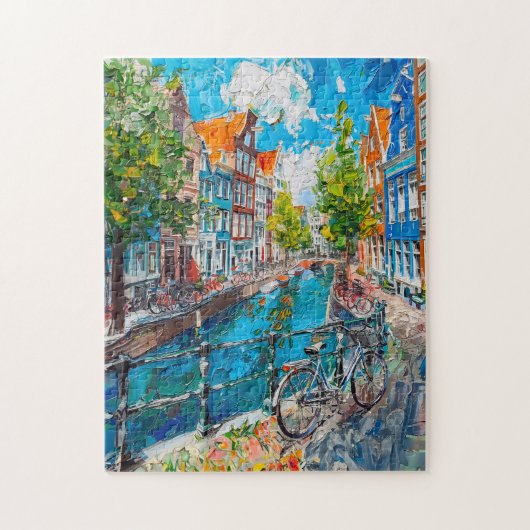 Canal with Bicycles and Colorful Houses Painting ジグソーパズル (縦)