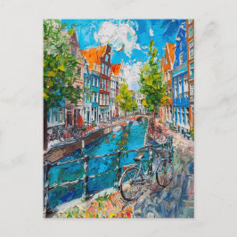 Canal with Bicycles and Colorful Houses Painting ポストカード