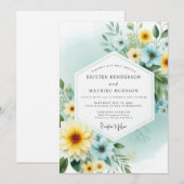 Canary Teal Painterly Flora Wedding 招待状 (正面/裏面)