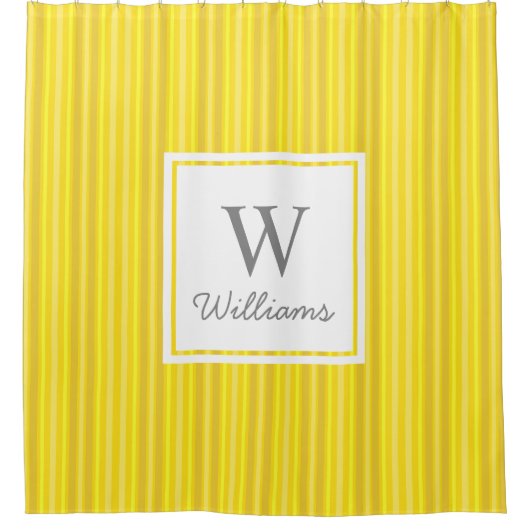 Canary Yellow細い縦縞の灰色のモノグラム シャワーカーテン (正面)