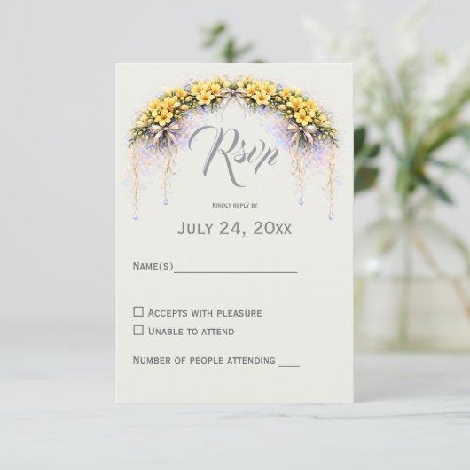 Canary Yellow Romantic Freesia  Floral Wedding 出欠カード (スタンド正面)