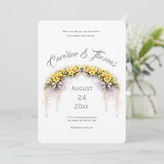 Canary Yellow Romantic Freesia  Floral Wedding 招待状 (スタンド正面)