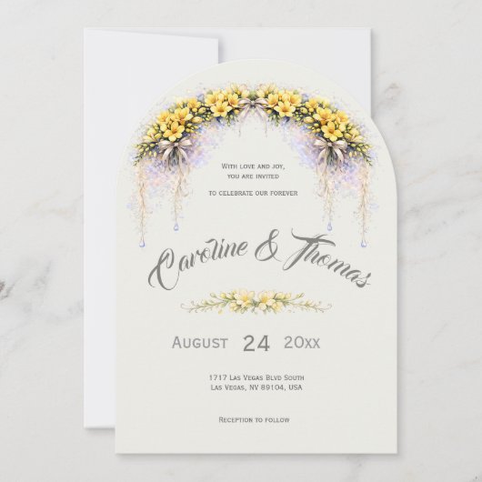 Canary Yellow Romantic Freesia  Floral Wedding 招待状 (正面)