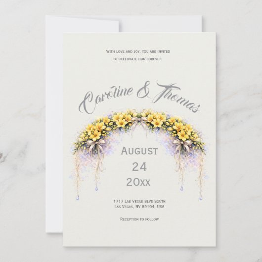 Canary Yellow Romantic Freesia  Floral Wedding 招待状 (正面)
