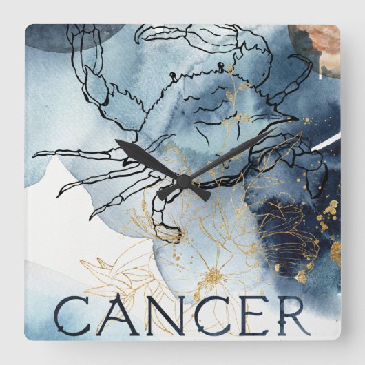 Cancer crab zodiac blue black gold text planets  スクエア壁時計 (正面)