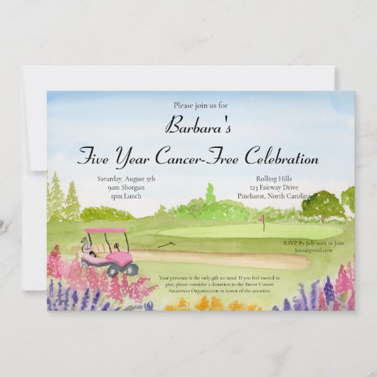 Cancer Free Celebration Pink Golf Cart Golf Course 招待状 (正面)
