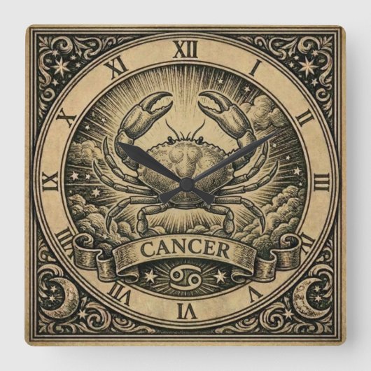 Cancer Vintage Zodiac Wall Clock スクエア壁時計 (正面)