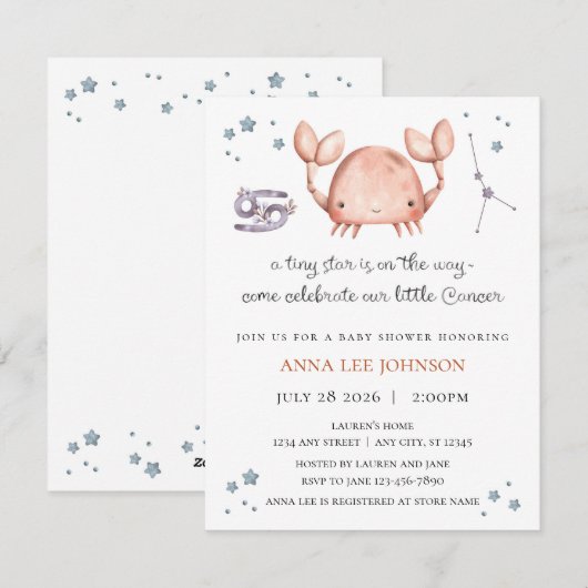 Cancer Zodiac Baby Shower Invitation シーズンカード (正面/裏面)