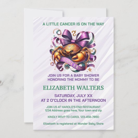 Cancer Zodiac Baby Shower Lavender and Green 招待状 (正面)