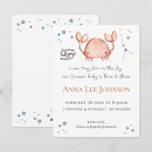 Cancer Zodiac Birth Announcement シーズンカード (正面/裏面)