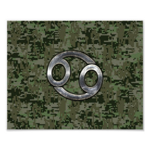 Cancer Zodiac Symbol on Woodland Digital Camo フォトプリント