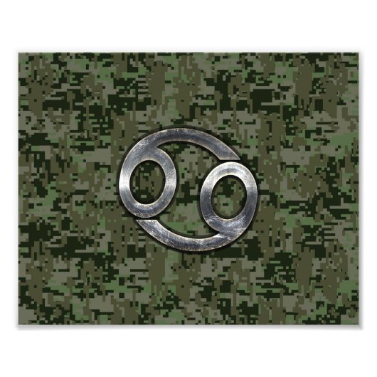 Cancer Zodiac Symbol on Woodland Digital Camo フォトプリント (正面)