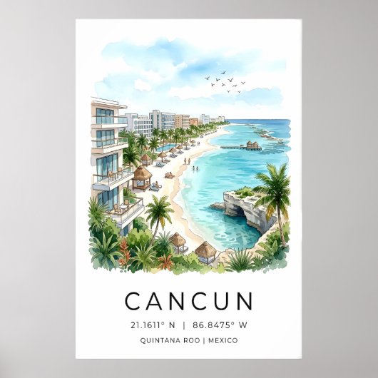 Cancun Beach Watercolor Print, Palm Trees and Pier ポスター (正面)