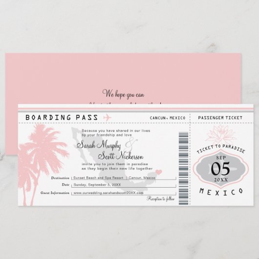 Cancun Mexico Boarding Pass Destination Wedding 招待状 (正面/裏面)