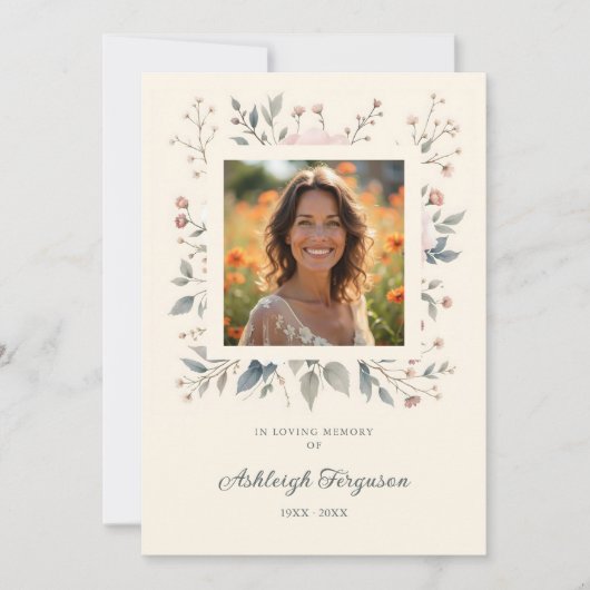 Candid Delicate Pastel Floral Frame Photo Funeral  招待状 (正面)