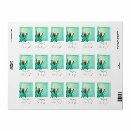 Candle and holly Christmas Card ラベル (フルシート)