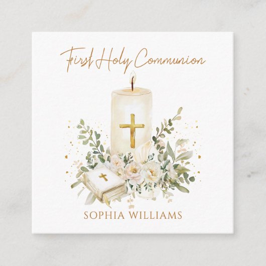 Candle Cross Bible Greenery First Holy Communion  エンクロージャーカード (正面)