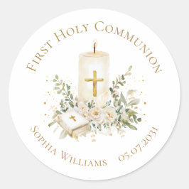 Candle Cross Bible Roses First Holy Communion ラウンドシール