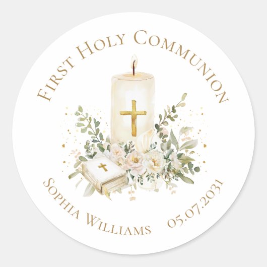 Candle Cross Bible Roses First Holy Communion ラウンドシール (正面)
