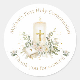 Candle Cross Bible Roses First Holy Communion ラウンドシール