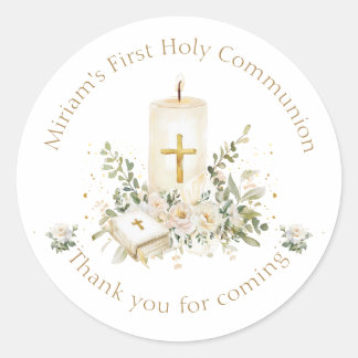 Candle Cross Bible Roses First Holy Communion ラウンドシール