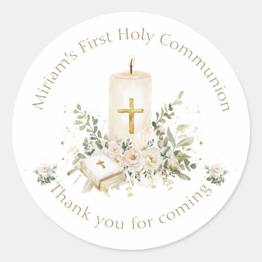 Candle Cross Bible Roses First Holy Communion ラウンドシール (正面)