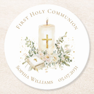 Candle Cross Bible Roses First Holy Communion ラウンドペーパーコースター