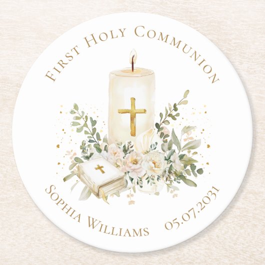 Candle Cross Bible Roses First Holy Communion ラウンドペーパーコースター (正面)