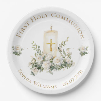 Candle Cross Flowers First Holy Communion  ペーパープレート