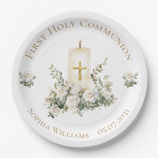 Candle Cross Flowers First Holy Communion  ペーパープレート (正面)