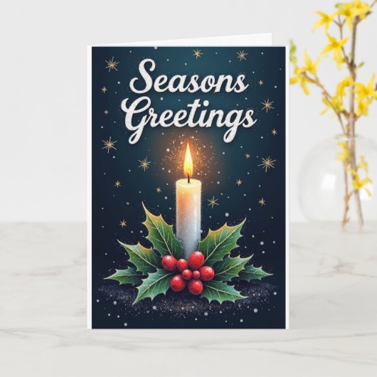 Candle & Holly – Season’s Greetings カード (黄色い花)