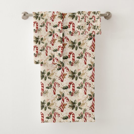 Candy Cane and Poinsettia Christmas Pattern バスタオルセット (インサイチュ)