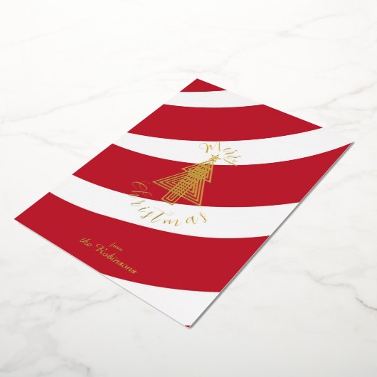 Candy Cane Art Deco Merry Christmas Tree 箔シーズンカード (回転した状態)