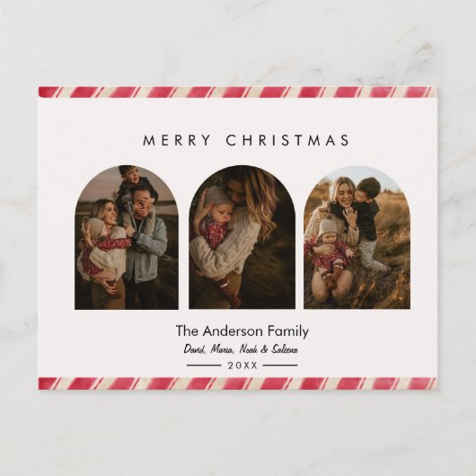 Candy Cane Border 3 Arch Photos Merry Christmas ポストカード (正面)