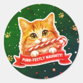 Candy Cane Cat Sticker – Cute Mischievous  ラウンドシール (正面)