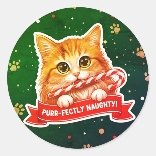 Candy Cane Cat Sticker – Cute Mischievous  ラウンドシール (正面)