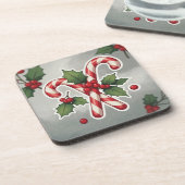 Candy Cane Duo With Holly And Berries コースター (左側)
