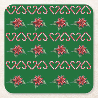 Candy Cane Heart and Holly Pattern – Festive Chris スクエアペーパーコースター