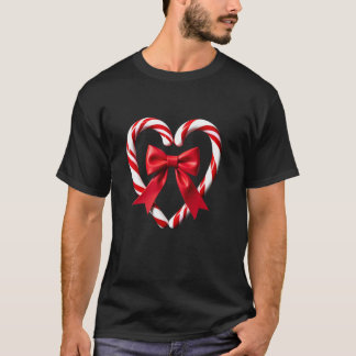 Candy Cane Heart with Pom Poms and Red Bow Fun Des Tシャツ