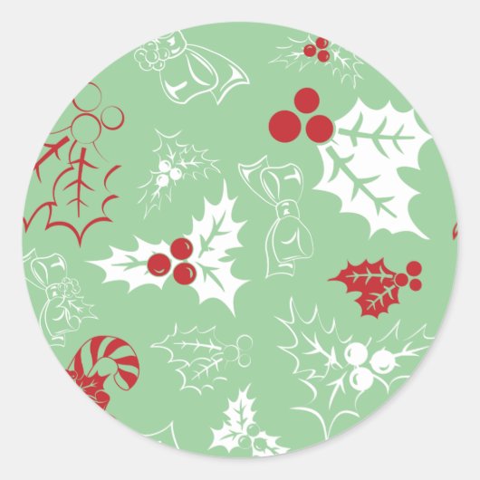 Candy Cane Holly | Green and Red Christmas Sticker ラウンドシール (正面)