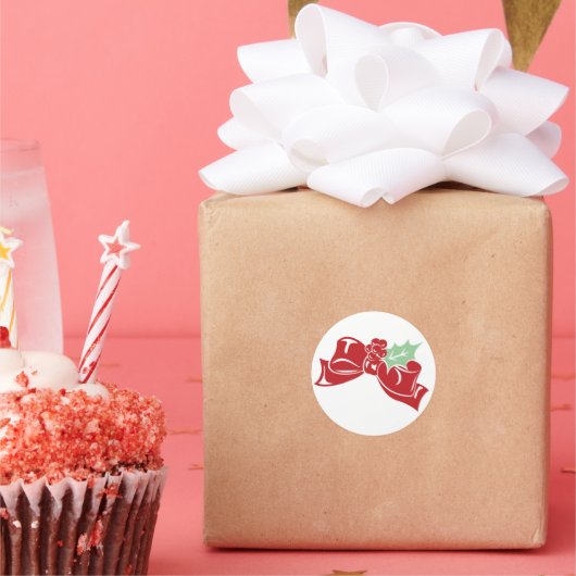 Candy Cane Holly | Red Bow Holiday Sticker ラウンドシール (パーティー)
